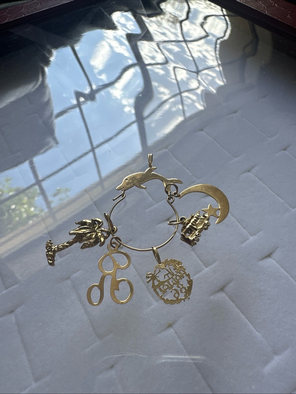 14k Vintage 1986 Gold Charm Bracelet with Dolphin, Palm Tree, Moon & Trolly